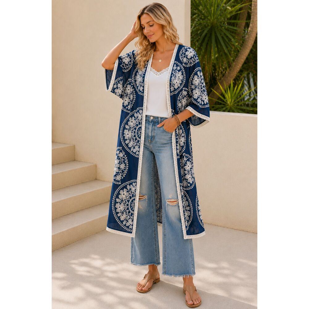Raj Blue Embroidered Floral Tunic Cover Up Boho Kimono One Size Beach Duster